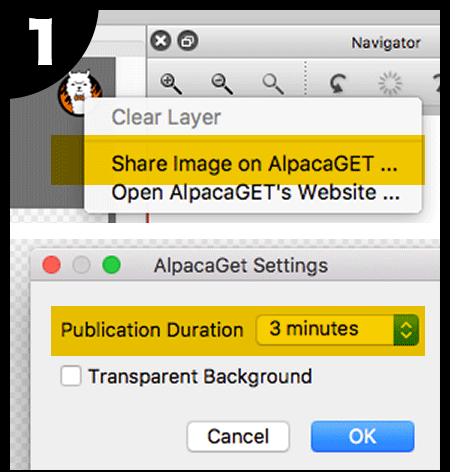 Click the Alpaca button at the upper-right and select Share image on AlpacaGET